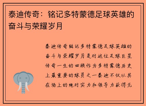 泰迪传奇：铭记多特蒙德足球英雄的奋斗与荣耀岁月